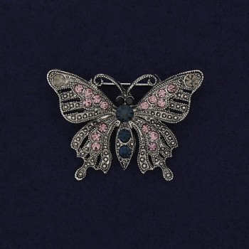 Butterfly Brooch with Crystals, Silver-Toned Metal, 41×30 mm +