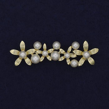 Brooch 'Pearl Flowers' in Golden Metal 55x17mm+
