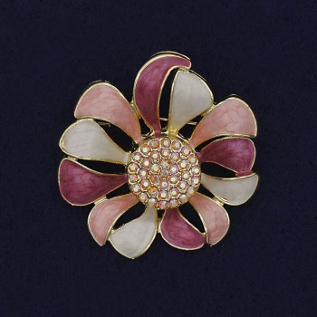 Pendant-Brooch 'Flower' White and Pink Enamel with Crystals, 37 mm ± Gold-Tone Metal