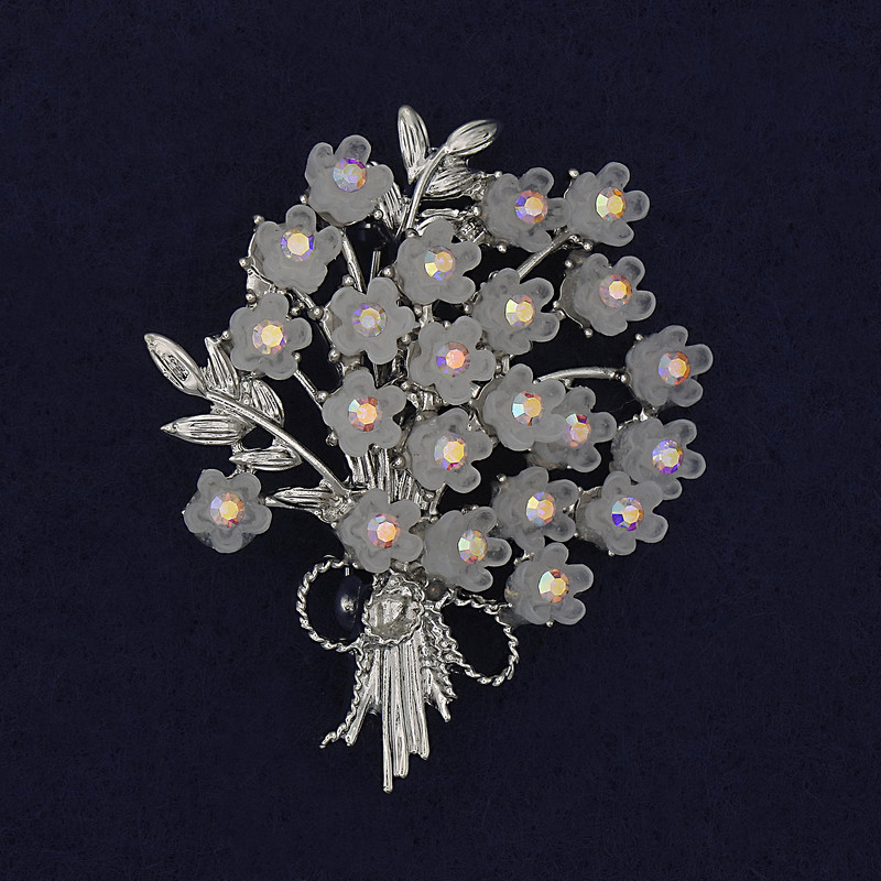 Flower Brooch with Colorful Rhinestones, 40x48 mm +/- Silver Metal