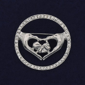 Heart Brooch with White Crystals, Silver Metal, 38mm+