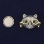 Magnetic Brooch 'Cat' with Green Rhinestones in Silver-Toned Metal 29x19mm+