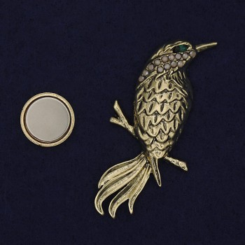 Magnetic brooch Bird with crystals, golden metal, 55×27 mm