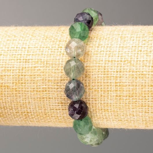 Fluorite Bracelet with Natural Stone Faceted Beads, 10 mm Diameter, 18 cm Length (Stretch)