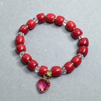 Bracelet Coral, Faceted 7×9 mm; Czech Crystal Rondelle 6×5 mm; with Metal Insets, Length 18 mm; Stretch
