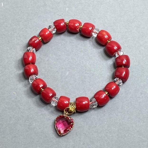 Bracelet Coral, Faceted 7×9 mm; Czech Crystal Rondelle 6×5 mm; with Metal Insets, Length 18 mm; Stretch