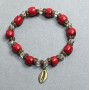 Bracelet with Coral Cut Beads 7×9 mm; Czech Crystal Rondelle 6×5 mm; with Metal Inserts, Length 18 mm; Stretch