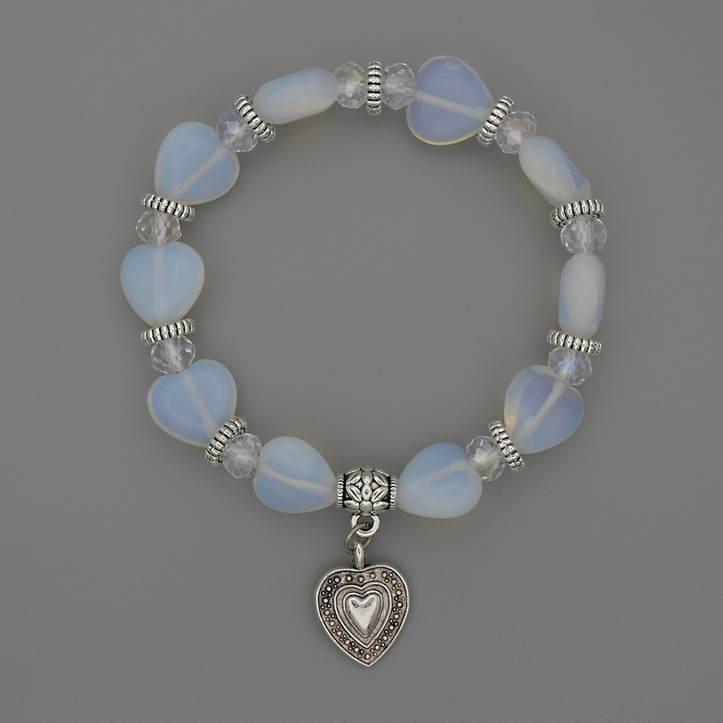 Moonstone Heart Bracelet, 12×12 mm heart-shaped stones, with metal inlays, 18 cm stretchy length