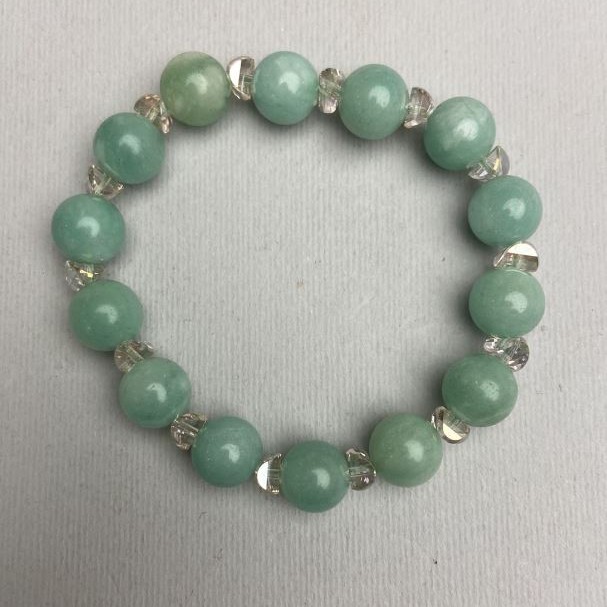 Bracelet of imitation amazonite. smooth 10 mm beads, Swarovski-style crystals 5x3 mm, length 18 mm, stretch