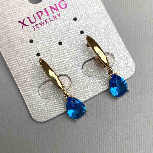 Xuping Earrings with 18K Gold Plating and Blue Crystal, Length 28 mm