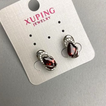 Xuping Earrings with Red Cubic Zirconia and White Rhinestones, 15 mm Length, Rhodium