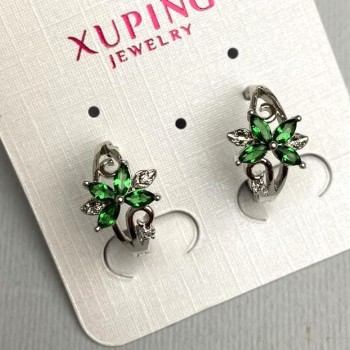 Xuping Rhodium-Plated Hoop Earrings with Green Crystals, 10x15 mm diameter