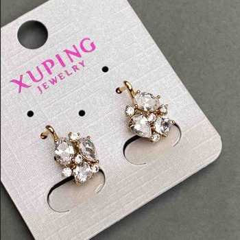 Xuping Earrings with White Crystals, 10 mm approx, 17 mm length, 18K Gold Plating