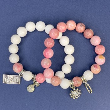 Set of White Agate Bracelets (pressed) beads, 10 mm diameter ±, Rhodochrosite beads, 10 mm diameter ±, length 18 cm ±, stretch