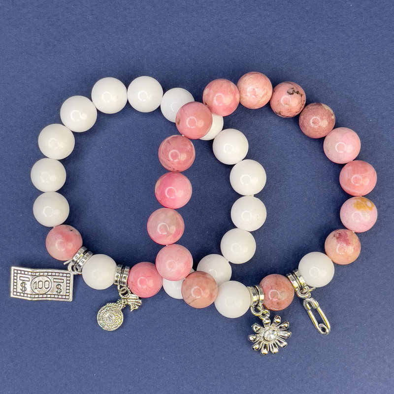 Set of White Agate Bracelets (pressed) beads, 10 mm diameter ±, Rhodochrosite beads, 10 mm diameter ±, length 18 cm ±, stretch