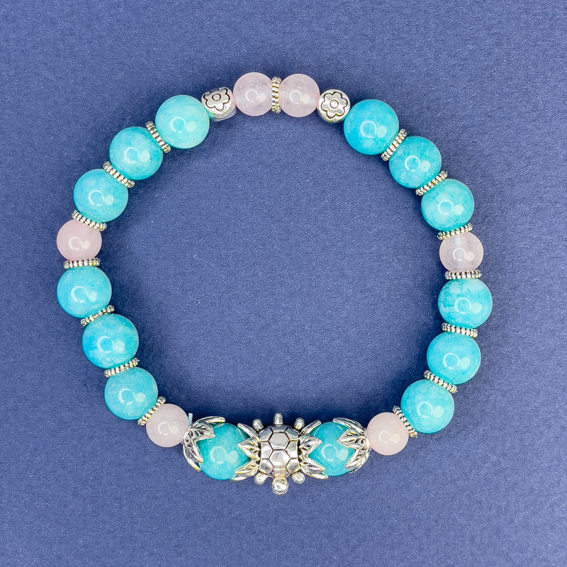 Aquamarine Bead Bracelet, 8 mm diameter; Pink Quartz Bead, 6.5 mm diameter; length 18 cm; stretch bracelet