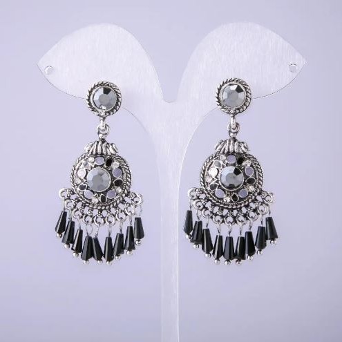 Earrings in Eastern Style with Gray Crystals, 20 mm Long