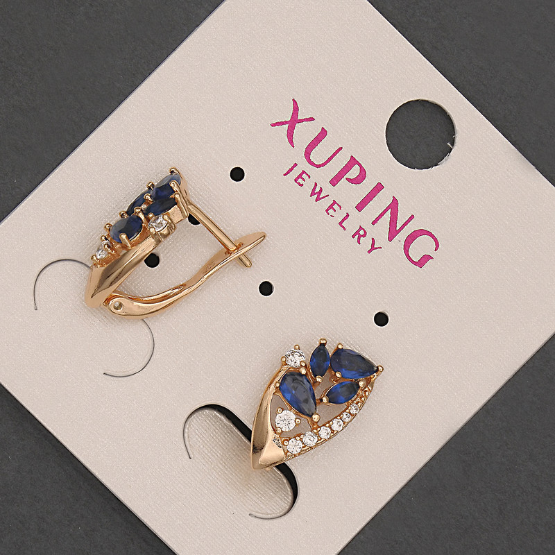Xuping Earrings with White Rhinestones and Blue Crystals, diameter 8mm ±, length 15mm ±, 18K Gold Plating