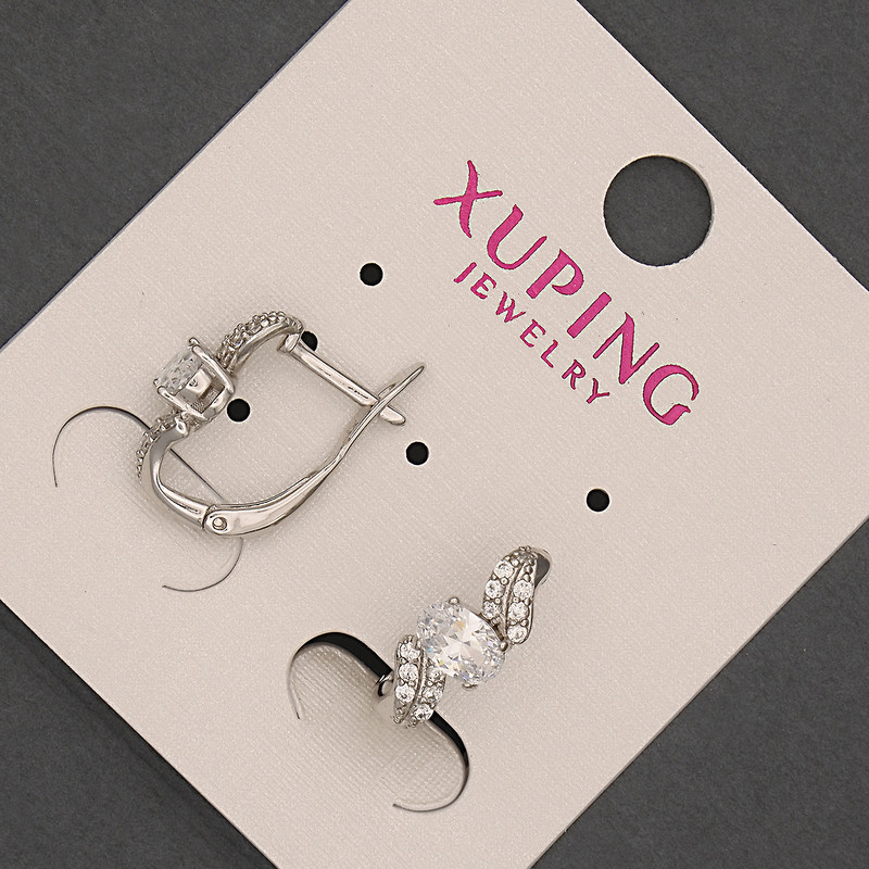 Xuping Earrings with White Rhinestones and Crystal, 6x14 mm diameter, Rhodium-Plated