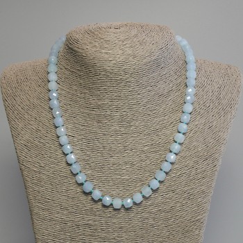 Aquamarine Necklace with Faceted Cube Beads, 7 mm Diameter, 45 cm Length with Clasp