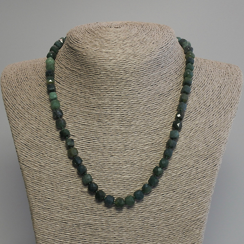 Green Jasper Beaded Necklace with Faceted Cube Beads, 7 mm diameter, 45 cm length, with clasp
