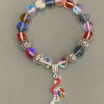 Opal Glass Bracelet, Assorted Colors, Chameleon - Smooth Bead, 10 mm Diameter ±, with Metal Inlays, 18 mm Length ±, Elastic