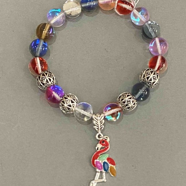 Opal Glass Bracelet, Assorted Colors, Chameleon - Smooth Bead, 10 mm Diameter ±, with Metal Inlays, 18 mm Length ±, Elastic