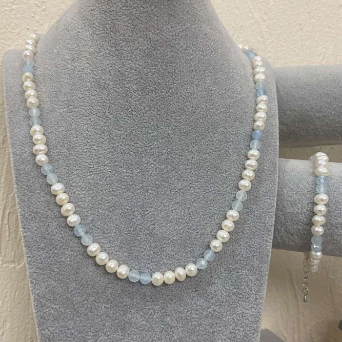 Necklace and Bracelet Set, Round River Pearls, diameter 6.5×6 mm ±; Aquamarine Faceted Bead, diameter 5 mm ±; Length 55 cm ±; Pendant length 18 mm ±; with pendant