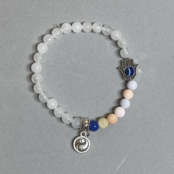 Bracelet White Quartz (named after), multicolor acrylic smooth beads, 6.5 mm diameter ± with silver-tone inserts, length 18 cm ± (stretch)