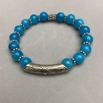Aquamarine Bead Bracelet 8mm, with Metal Inlays, Length 18 cm, Stretch