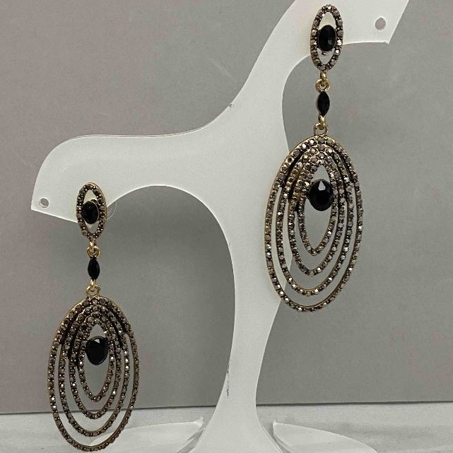 Sale! Earrings with black crystals and gray rhinestones, diameter about 26 mm, length about 77 mm