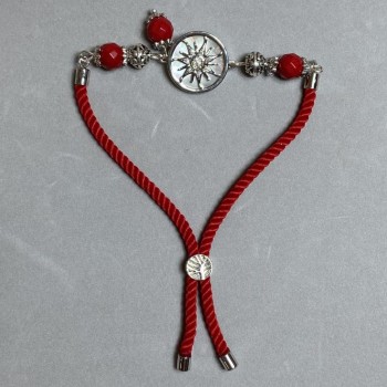 Textile bracelet, 5.5 mm diameter ±, adjustable; coral faceted bead 8 mm ±, with metal insert, 17 mm diameter ±, silver-colored metal