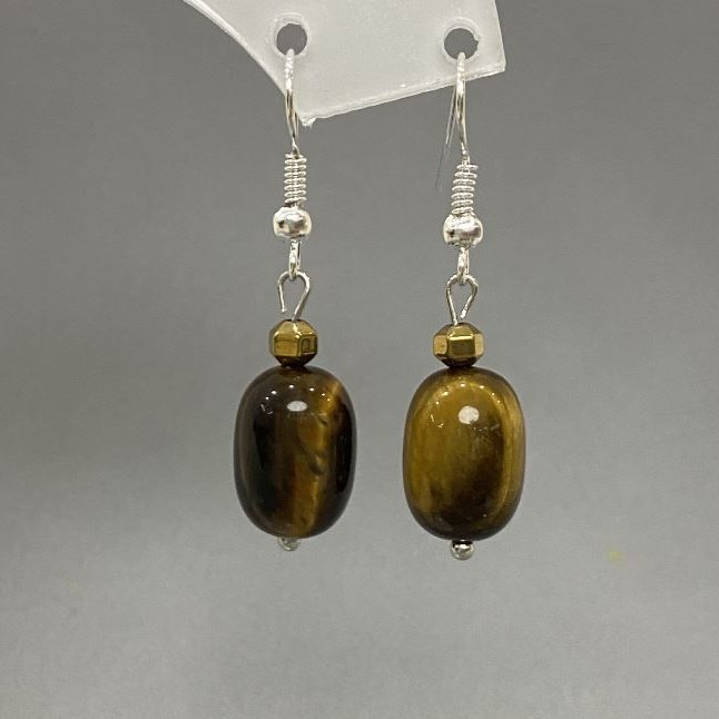 Tiger's Eye Barrel Earrings, 14×10 mm diameter, about 39 mm length