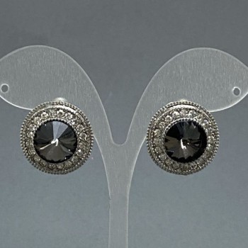Earrings 2 cm circle with gray crystal rhinestones