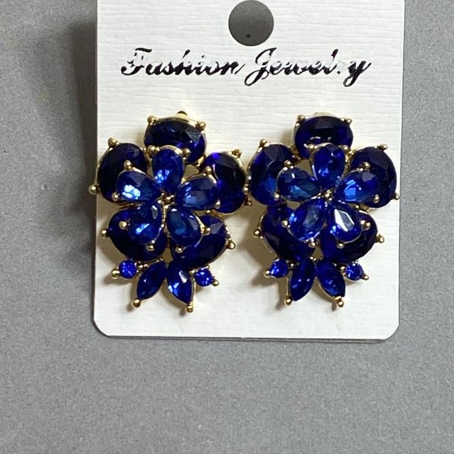 Stud Earrings 20x25 mm ± Blue Crystals, Gold-Tone Metal