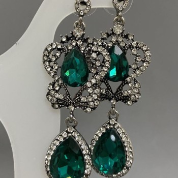 Stud Earrings with Green Crystals, 25×66 mm ± White Rhinestones