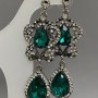Stud Earrings with Green Crystals, 25×66 mm ± White Rhinestones