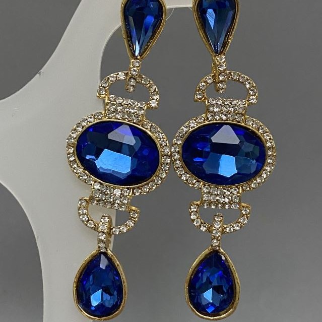 Stud earrings with blue crystals 23x70mm ± white rhinestones