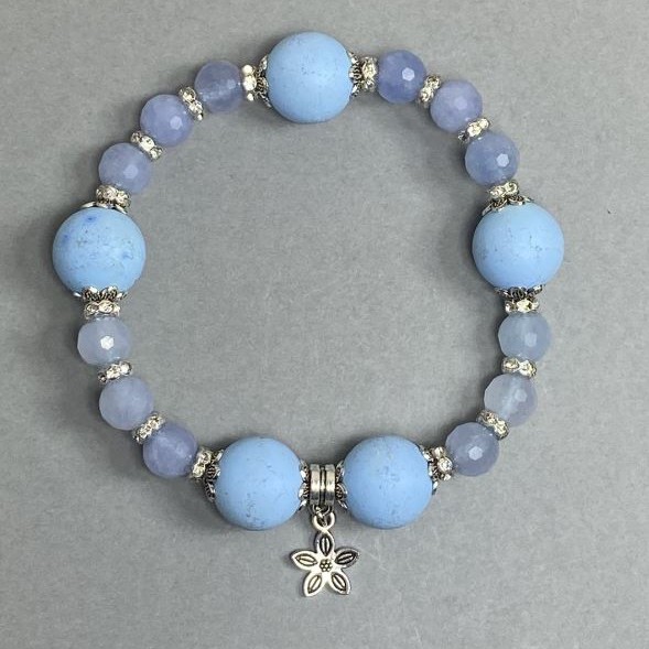 Bracelet with acrylic and imitation beads, 14mm + Aquamarine faceted bead 8mm + with metal inserts, length 18 cm (stretch)