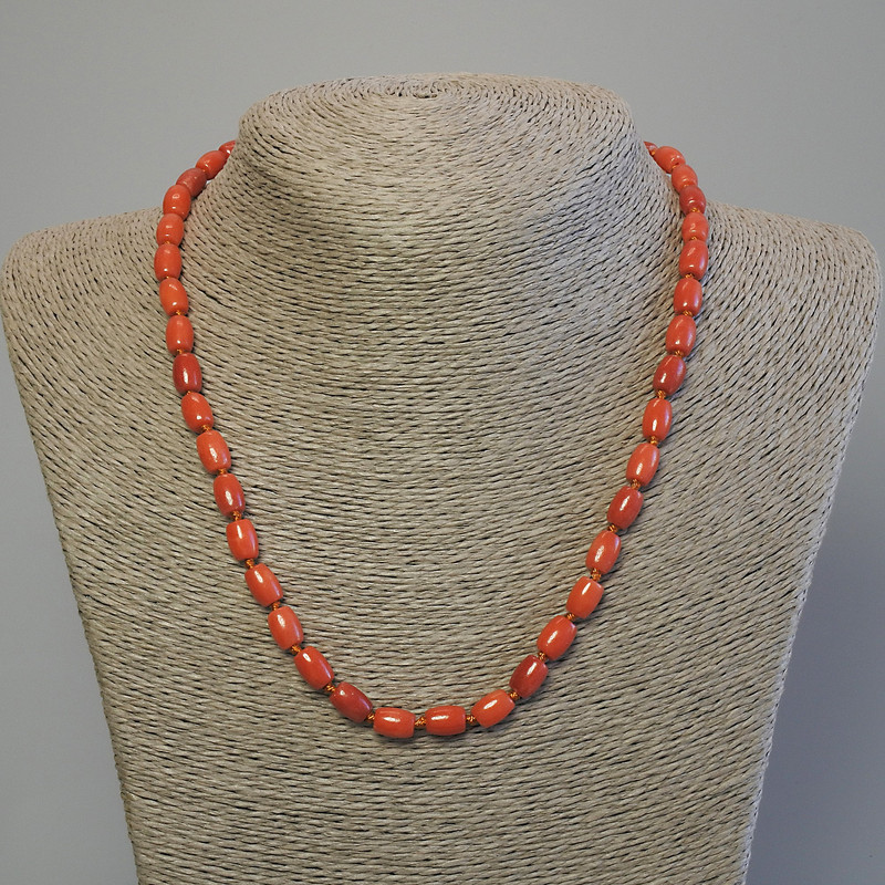 Imitation Coral Necklace, Barrel Beads 8x6mm, length 50 cm, with clasp