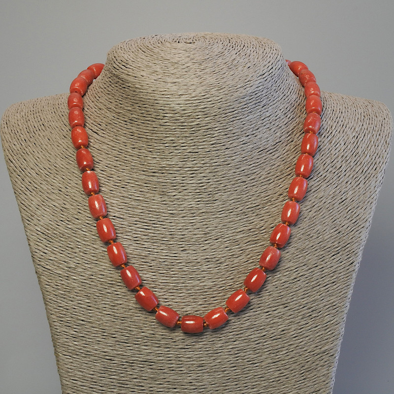 Imitation coral necklace with barrel beads, 10×8 mm, 50 cm length with clasp