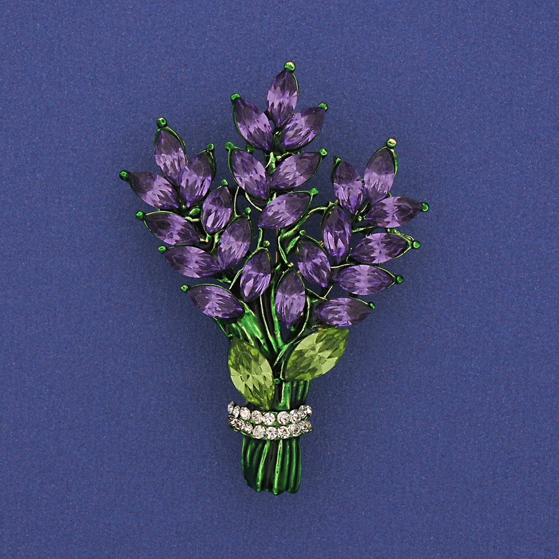 Twig Brooch with Purple and White Crystals on Gold-Toned Metal 43x29 mm +