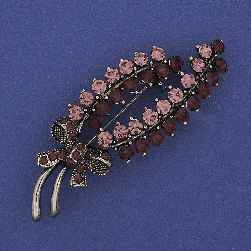 Brooch Sprig with Purple Crystals, Silver-Toned Metal 64x25mm +