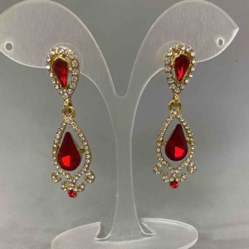 Earrings with red crystals, white rhinestones, golden metal, diameter 16 mm+-, length 47 mm+-