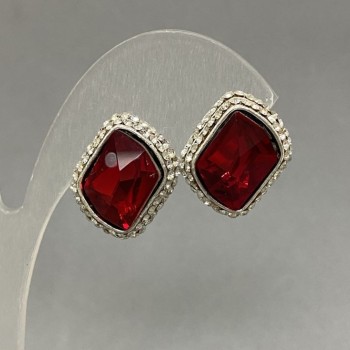 Stud earrings with red crystals, white rhinestones, silver-tone metal, diameter 19x16 mm