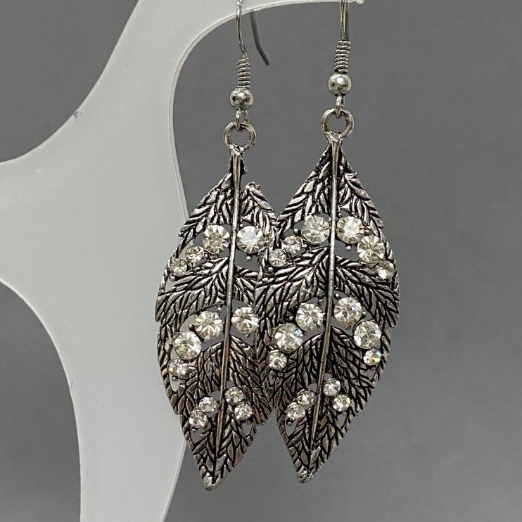 Leaf Earrings with White Crystals, 20 mm diameter, 64 mm length, Silver color