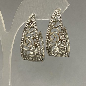 Stud Earrings with White Crystals, 14x32 mm, Silver-Toned Metal