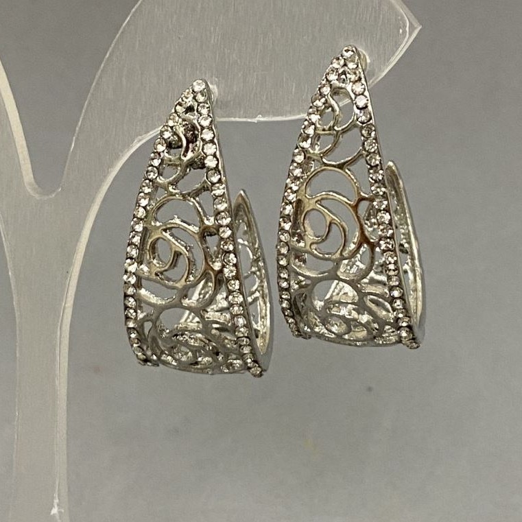 Stud Earrings with White Crystals, 14x32 mm, Silver-Toned Metal