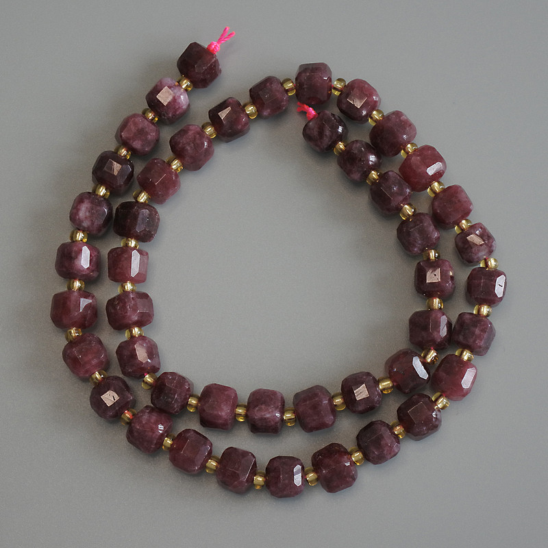 Tourmaline Beads, Faceted Cube 6.5x6.5 mm, with 3 mm Seed Beads on Thread, Length 38 cm