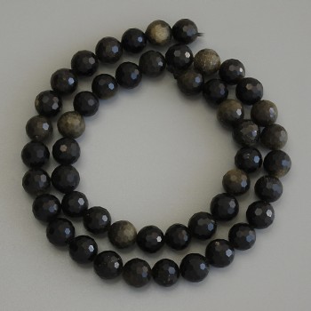 Sun Obsidian Beads on a Thread, Natural Stone, Faceted Round Bead, Diameter 8mm ±, Length 38cm ±